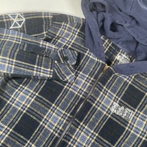 RawGear‎ Mens Plaid Flannel Full Zip Hoodie Shacket Embroidered Patches Blue Med